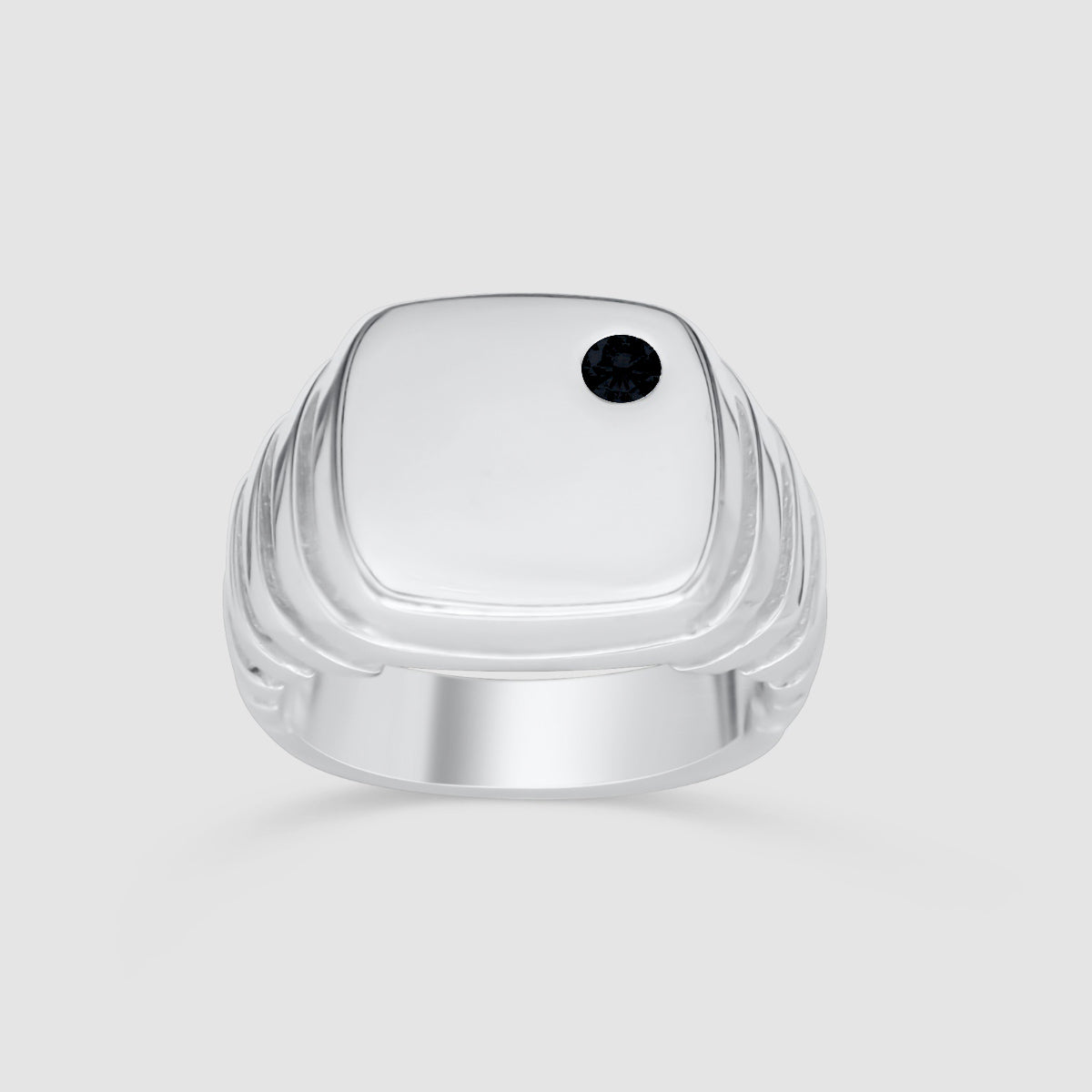 Square growth silver signet ring black sapphire front view