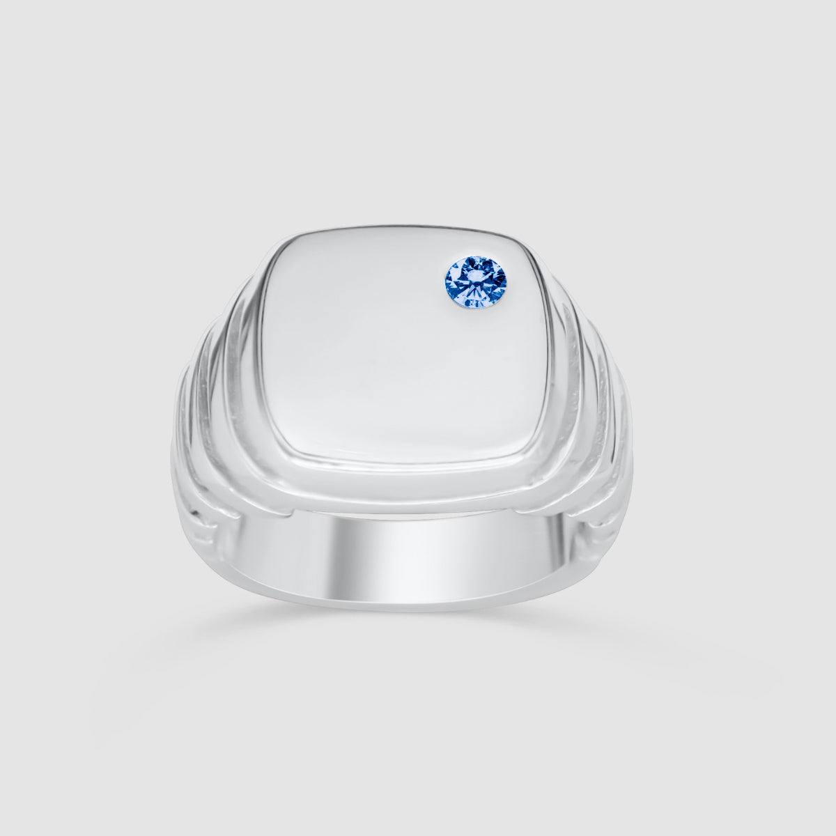 Square growth silver signet ring blue sapphire front view