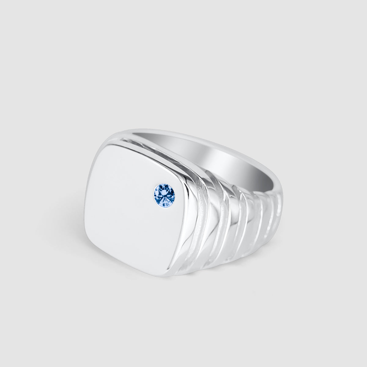 Square growth silver signet ring blue sapphire right view