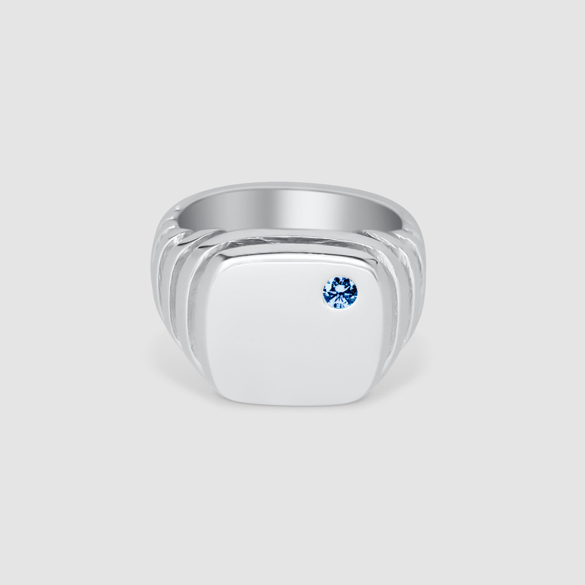 Square growth silver signet ring Blue sapphire 