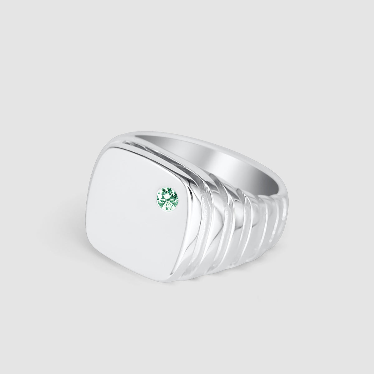 Square growth silver signet ring green sapphire right view