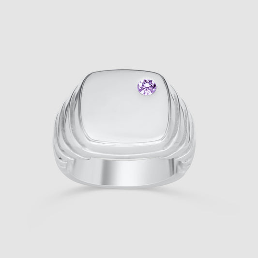 Square Growth silver signet ring purple sapphire front view